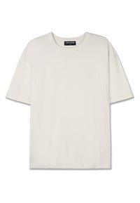 White short-sleeve t-shirt made of soft fabric. Features a round neckline and subtle logo detail on the front. Smooth texture and relaxed fit.