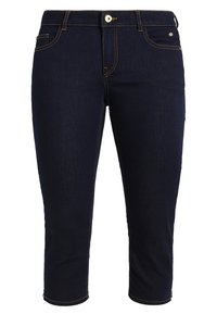 Donkerblauwe denim capribroek met een aansluitend design, gouden knoopsluiting, subtiele stikaccenten en twee zijzakken.