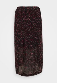 Falda midi plisada en tejido negro transparente con un patrón floral en tonos de rosa. Cintura elástica, dobladillo redondeado y textura ligera.