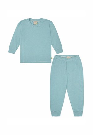 Gestreepte lounge set in lichtblauw en wit. Langemouwen top met ronde hals en bijpassende broek, voorzien van ribbelmanchetten en - tailleband.