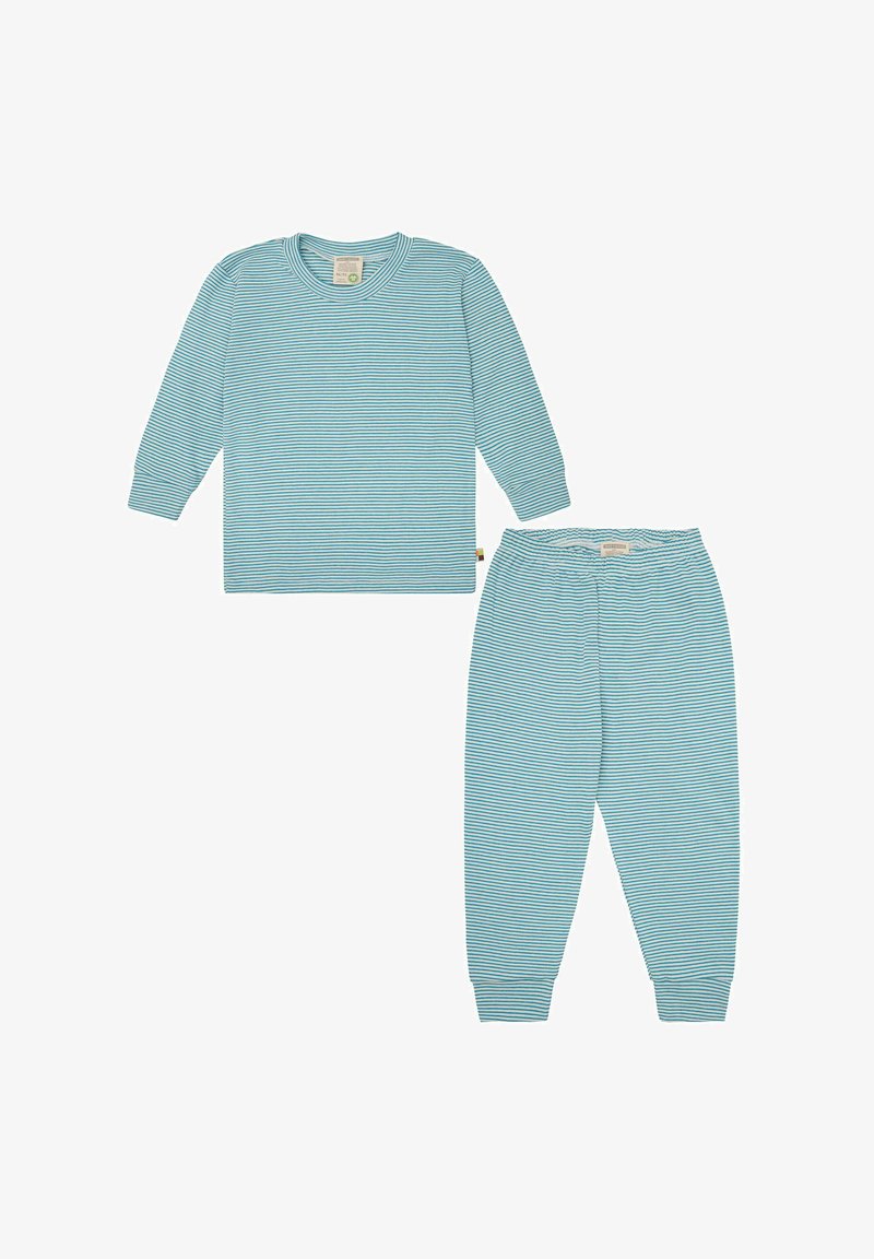 Gestreepte lounge set in lichtblauw en wit. Langemouwen top met ronde hals en bijpassende broek, voorzien van ribbelmanchetten en - tailleband.