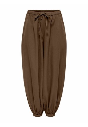 Pantalon marron ample avec taille élastique et poignets aux chevilles, doté d'un cordon de serrage à l'avant pour un ajustement modulable.