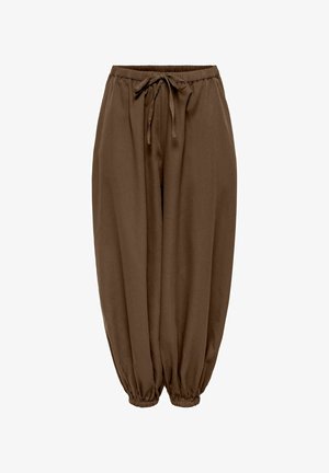 Pantaloni marroni a taglio ampio con vita elastica e polsini alle caviglie, caratterizzati da un laccio frontale regolabile per una vestibilità personalizzabile.