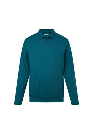 Tyrkysová polokošile s dlouhým rukávem vyrobená z měkké tkaniny, s límečkem, třemi knoflíčky a diskrétním logem na hrudi. Hladká textura.