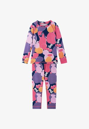 Kinder-Zweiteiler Pyjama mit langen Ärmeln und Leggings, mit mehrfarbigen Kreisen und kleinen Comicfiguren auf dunklem Hintergrund.