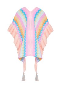 Färgglad stickad poncho i pastellnyanser, med zickzackmönster i rosa, blått och orange, med fransade kanter och tasseldetaljer.