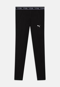 Fekete sportleggings, melyek szoros illeszkedéssel rendelkeznek. Fehér PUMA logóval és texturált derékpánttal rendelkezik, amelyen a márkaneve is szerepel. Aktív viseletre tervezve.
