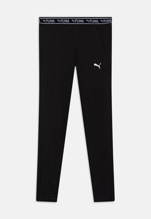 Black athletic leggings with a snug fit. Features a white PUMA logo and textured waistband with brand name. Designed for activewear.