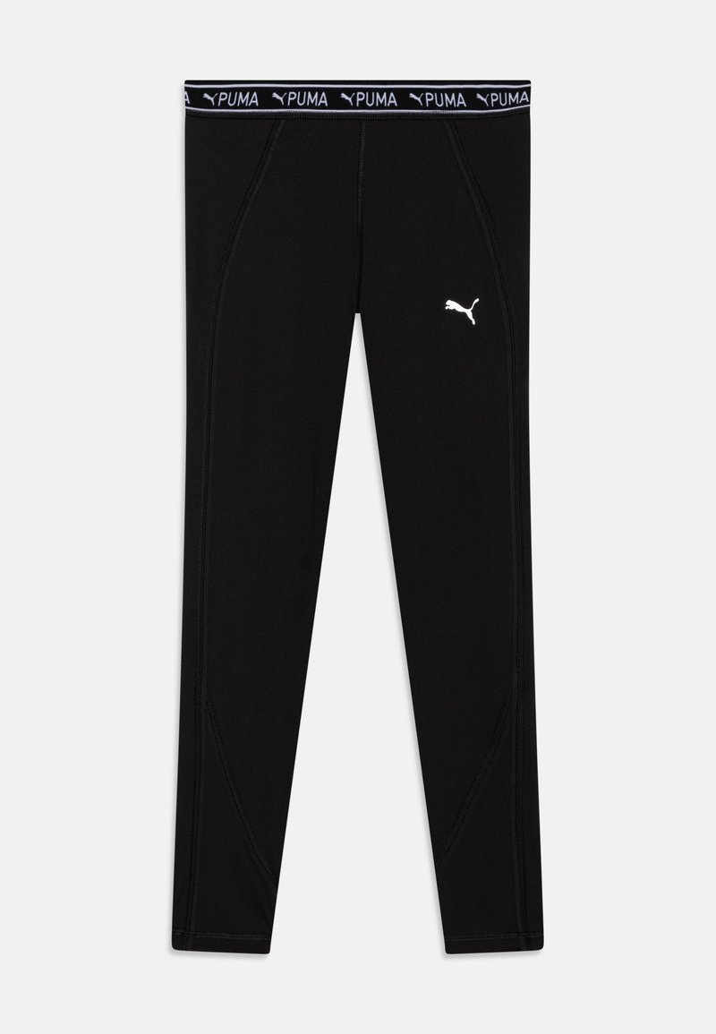Leggings atléticos pretos com um ajuste justo. Apresentam um logotipo branco da PUMA e uma cinta texturizada com o nome da marca. Projetados para roupa de desporto.