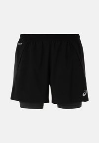 Zwarte sportshorts met geïntegreerde binnenlaag, lichtgewicht materiaal, elastische tailleband, zijzakken en reflecterende logo-accent.