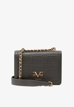 Gray leather shoulder bag with geometric stitching, gold chain strap, and gold "V 1969 Italia" logo on front.