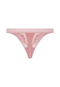 Rosa Spitzenstring mit glattem Vorderteil, transparentem Rücken und einem gestreiften elastischen Bund. Mit floralen Spitzenverzierungen an den Seiten.