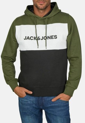 Kapuzensweatshirt in Grün, Weiß und Schwarz. Baumwollmaterial mit einem Logo auf der Vorderseite, Kordeln und gerippten Bündchen. Lässiger Schnitt mit einer Kängurutasche.