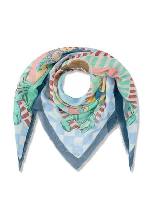 Quadratisches Tuch mit bunten abstrakten Mustern, darunter grüne Tierformen, rote Streifen und ein blau kariertes Hintergrundmuster, zu einem Dreieck gefaltet.