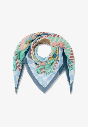 Quadratisches Tuch mit bunten abstrakten Mustern, darunter grüne Tierformen, rote Streifen und ein blau kariertes Hintergrundmuster, zu einem Dreieck gefaltet.