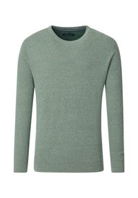 Grüner Strickpullover mit rundem Halsausschnitt, langen Ärmeln und strukturierter Oberfläche. Mit geripptem Saum und Bündchen, aus weichem Material gefertigt.