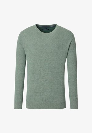Grüner Strickpullover mit rundem Halsausschnitt, langen Ärmeln und strukturierter Oberfläche. Mit geripptem Saum und Bündchen, aus weichem Material gefertigt.