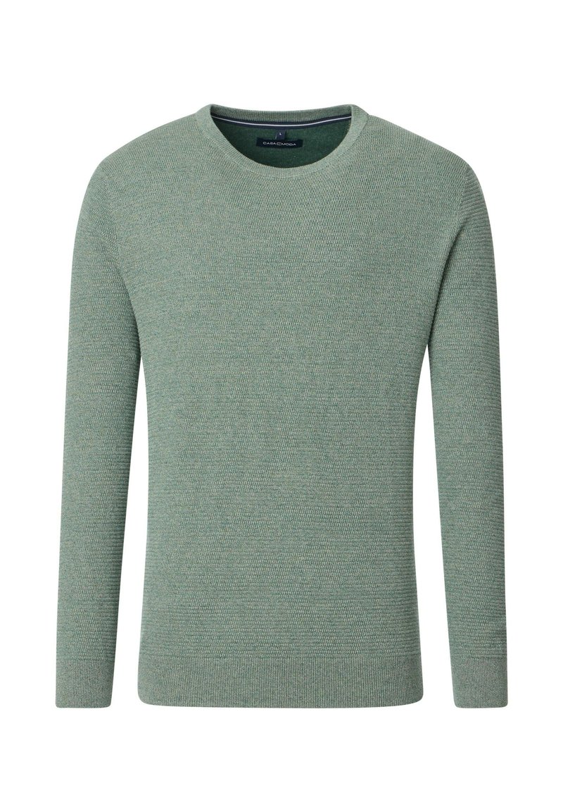 Grüner Strickpullover mit rundem Halsausschnitt, langen Ärmeln und strukturierter Oberfläche. Mit geripptem Saum und Bündchen, aus weichem Material gefertigt.