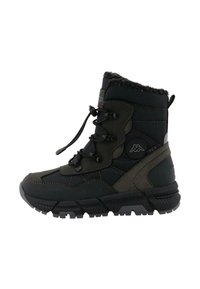 Botín impermeable de invierno en negro y gris con parte superior texturizada, cuello de piel, diseño con cordones y suela resistente para tracción.