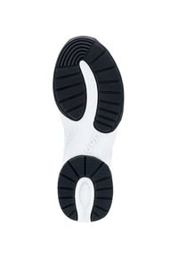 Shoe sole with a black rubber tread pattern and white midsole. Features grooves for flexibility and traction. Accented with brand logo.