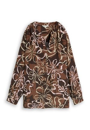 Blouse met lange mouwen met bruin- en beige abstract bloemmotief, V-hals en elastische manchetten op een witte achtergrond.