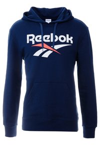 Hoodie blu navy realizzato in morbido cotone misto, dotato di tasca frontale, maniche lunghe e un grande logo Reebok bianco con un accento rosso.