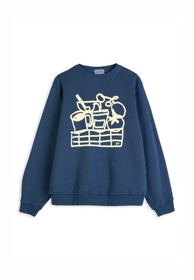 Sweat-shirt bleu marine avec un dessin en ligne blanche d'un panier contenant une tasse, un verre, des tomates et d'autres aliments sur le devant.