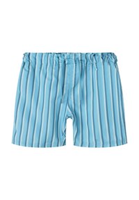 Niebieskie kąpielówki w pionowe paski w różnych odcieniach niebieskiego. Posiadają elastyczny pas i sznurek do regulacji dopasowania.