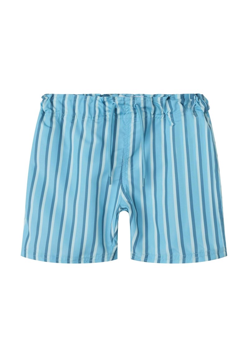 Niebieskie kąpielówki w pionowe paski w różnych odcieniach niebieskiego. Posiadają elastyczny pas i sznurek do regulacji dopasowania.