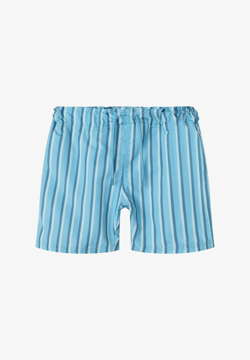 Niebieskie kąpielówki w pionowe paski w różnych odcieniach niebieskiego. Posiadają elastyczny pas i sznurek do regulacji dopasowania.