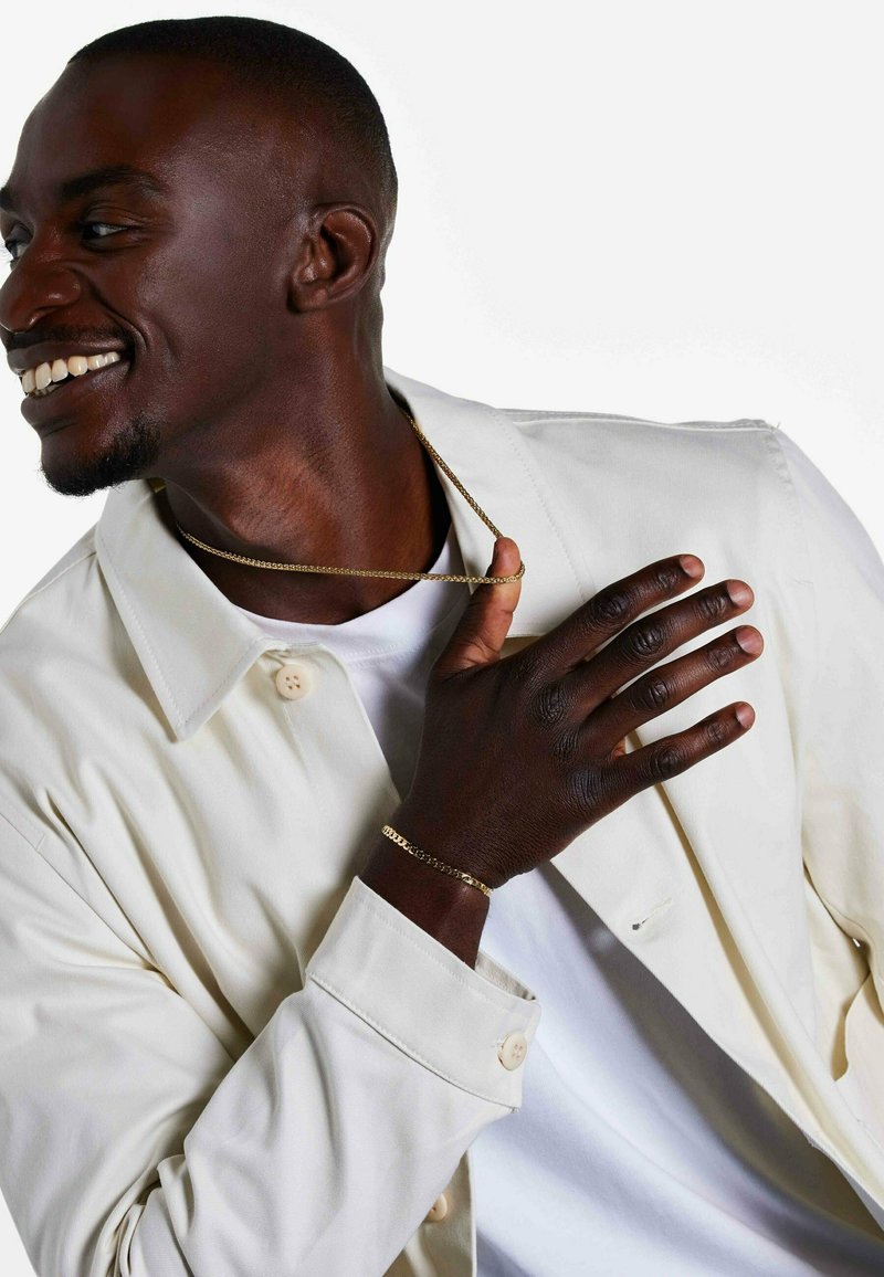 Veste blanche avec grand col, superposée à un t-shirt blanc. Collier et bracelet en chaîne dorée. Teint de peau lisse. Mains posées sur le col.