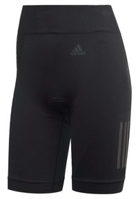 Shorts de cyclisme noirs en matière extensible. Présentent un logo sur la ceinture et des rayures texturées sur le côté. Longueur mi-cuisse.