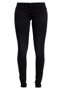 Jeans skinny de denim negro con un diseño clásico de cinco bolsillos, costuras sutiles y una textura suave, con cierre de botón y cremallera.