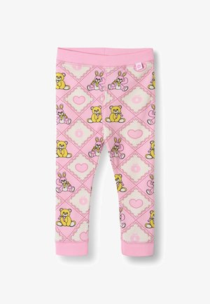 Leggings roses présentant un motif d'ours en peluche jaunes et de lapins en formes de diamants, rehaussés de cœurs et de légers motifs floraux.