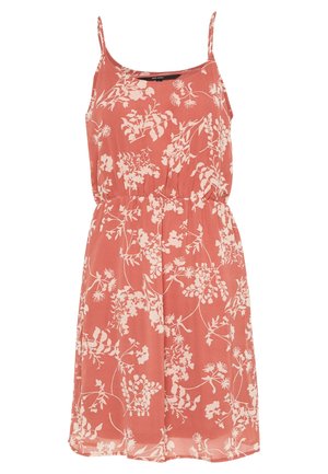 Robe d'été sans manches rose corail avec de fines bretelles, motif floral blanc, taille élastique et tissu léger.