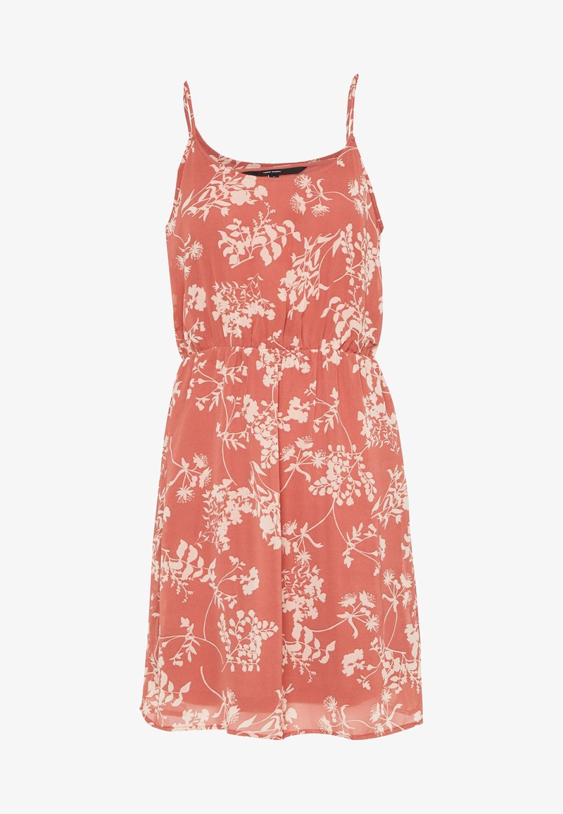 Robe d'été sans manches rose corail avec de fines bretelles, motif floral blanc, taille élastique et tissu léger.