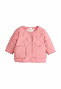 Giacca trapuntata di un delicato rosa, con scollo rotondo, maniche lunghe, bottoni a pressione e due ampie tasche frontali con una texture liscia.