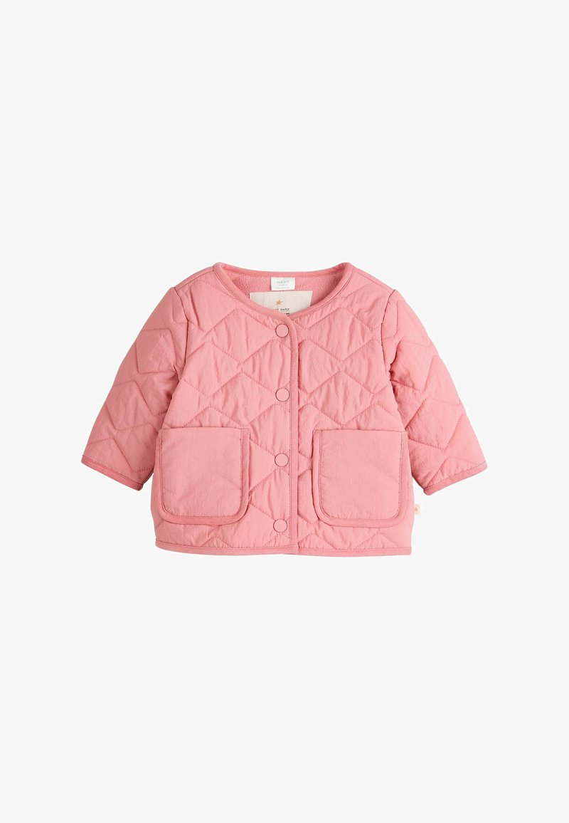 Pink quilted baby jacket with snap buttons down front and two large front pockets, long sleeves, and a round neckline.