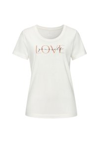 Weißes Baumwoll-T-Shirt mit dem Text "LOVE yourself" in Roségold und Schwarz, mit Rundhalsausschnitt und kurzen Ärmeln.