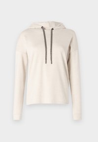 Sweatshirt bege com capuz e mangas longas, apresentando um fecho por cordão e detalhes prateados texturizados. Tecido suave e corte relaxado.