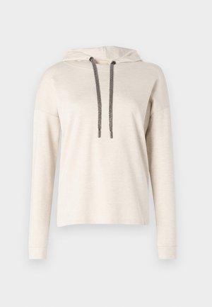 Beige Kapuzenpullover mit langen Ärmeln, ausgestattet mit einem Kordelzug und strukturierten Silberakzenten. Weicher Stoff und lockerer Schnitt.