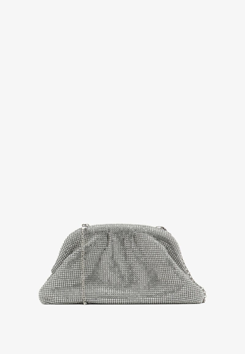 Silver mesh clutch with a gathered design, chain strap, and textured surface. Features a rectangular shape with a structured bottom.