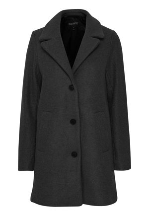 Charcoal gray wool blend coat with a notch collar, six buttons, two patch pockets, and a straight cut. Smooth texture.