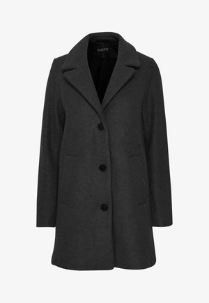 Sötétszürke gyapjú keverék kabát, álló gallérral, hat gombbal, két rakott zsebbel és egyenes szabással. Simma textúra.
