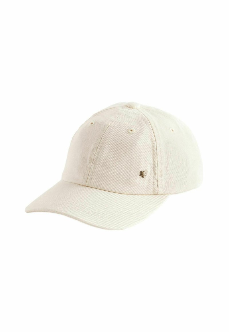 Cappellino da baseball beige chiaro in cotone. Presenta una corona arrotondata, una visiera curva e un piccolo accento a forma di stella in metallo sul lato.