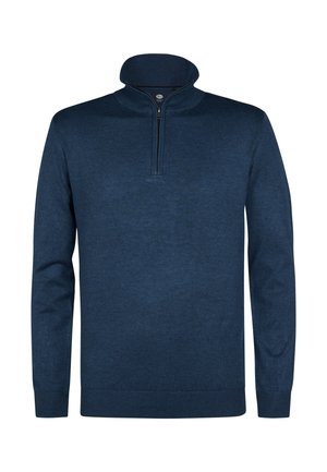 Granatowy sweter z kołnierzem na zamek. Wykonany z miękkiego materiału dzianinowego. Posiada dopasowany krój oraz ściągacze na mankietach i na dole.