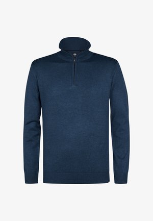 Marineblauwe trui met een ritskraag. Gemaakt van zacht breimateriaal. Beschikt over een aansluitende pasvorm en geribde boorden en zoom.