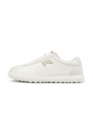 White leather sneakers with a smooth surface, rounded shape, grey accents, lace-up closure, and a textured rubber sole.
