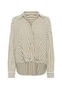 Blusa a rayas en colores verde oliva y blanco, con cuello tipo camisa, cierre de botones en la parte delantera y detalle de cintura anudada. Mangas largas con puños.