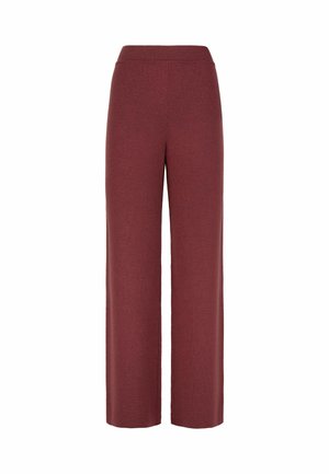 Pantalon bordeaux à jambes larges en matériau texturé avec une taille haute élastique. Silhouette droite, sans poches apparentes ni accents.